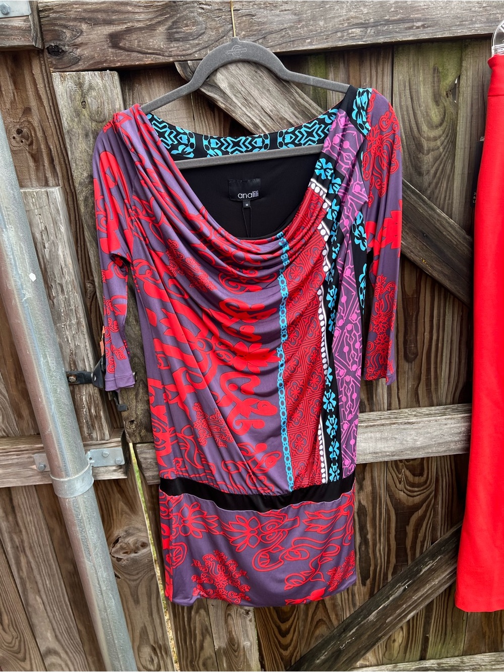 👗Analili , red, Purple & Teal Patterned Drape Neck Long Sleeve Dress